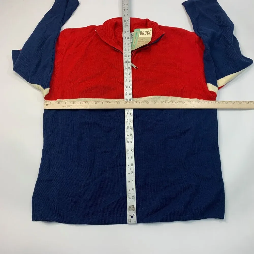 Vintage Badge Sweater Mens XL Extra Large‎ Navy Red Acrylic 1/4 Zip Colorblock